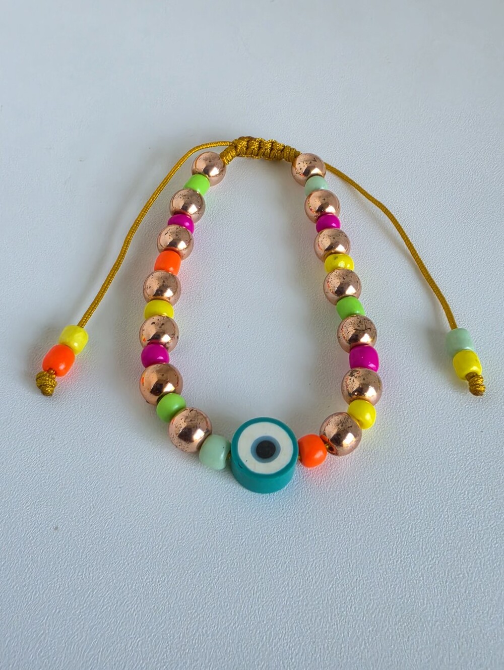 Adjustable Evil Eye Beaded Bracelet Neon Boho Rose Gold Tone Handmade